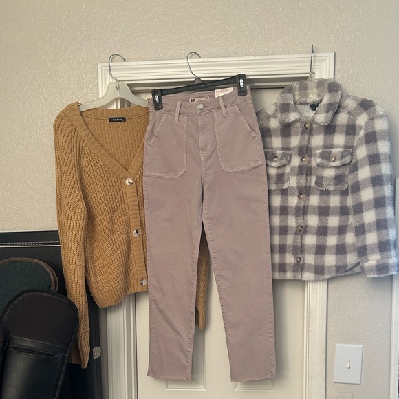 @louiseconnly Bundle.Tan Cardigan, Purple Pants, and Plaid Jacket Set - Picture 1 of 1